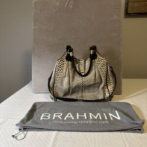 Brahmin Large Elisa Hobo Bag Black/White Snake Embossed Leather Shoulder Purse